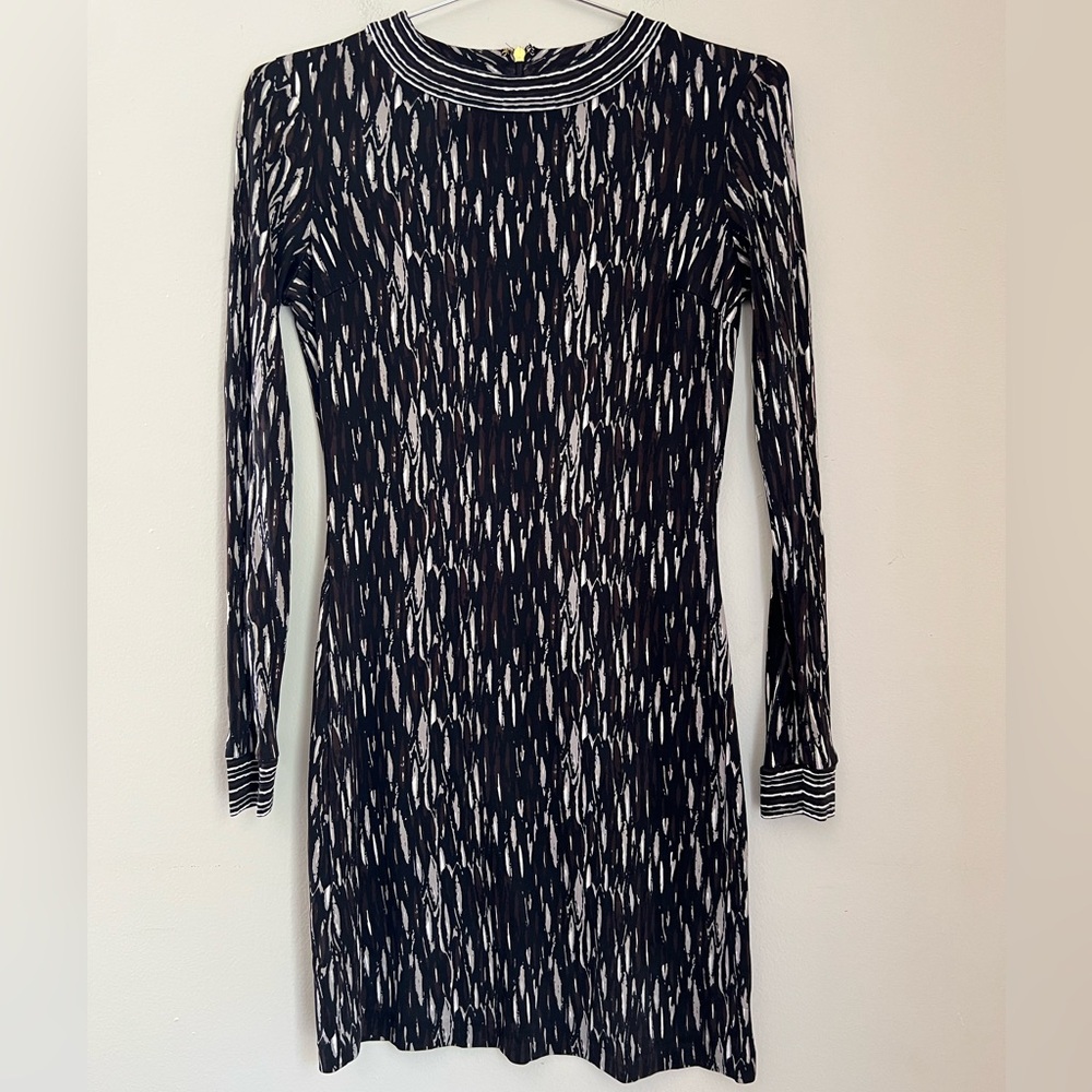 Tory Burch Silk Jersey Mini Dress Women’s Sz XS Tree Trunk Pattern Long Sleeve